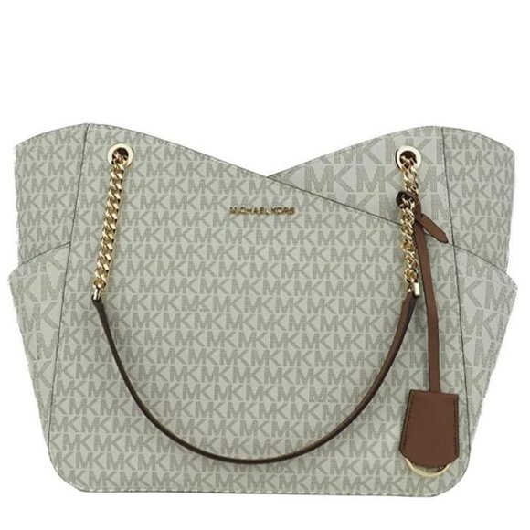 NWT Michael Kors Large Jet Set Travel Tote Handbag Signature Vanilla Gold MINT - Picture 12 of 16